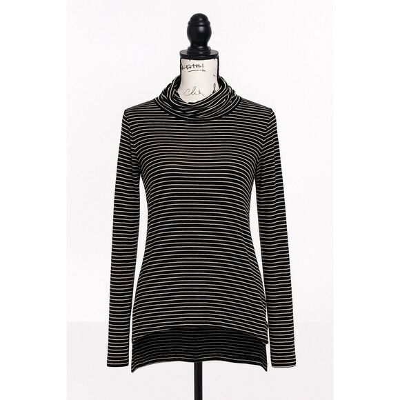 Kenneth Cole Women’s Striped High-Low Turtleneck Top | Size XS | Black/Cream - Picture 1 of 5